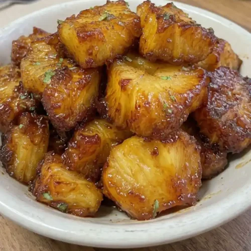 Air fryer pineapple chunks close up with golden caramelized edges and glossy cinnamon glaze