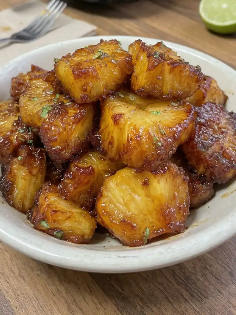 Air fryer pineapple chunks close up with golden caramelized edges and glossy cinnamon glaze