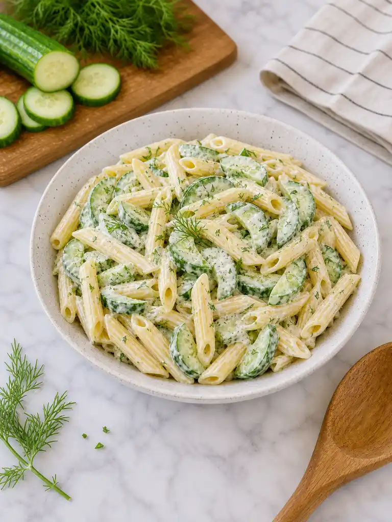 Fresh cucumber pasta salad with penne, crisp cucumber slices, and creamy dill dressing in a white bowl