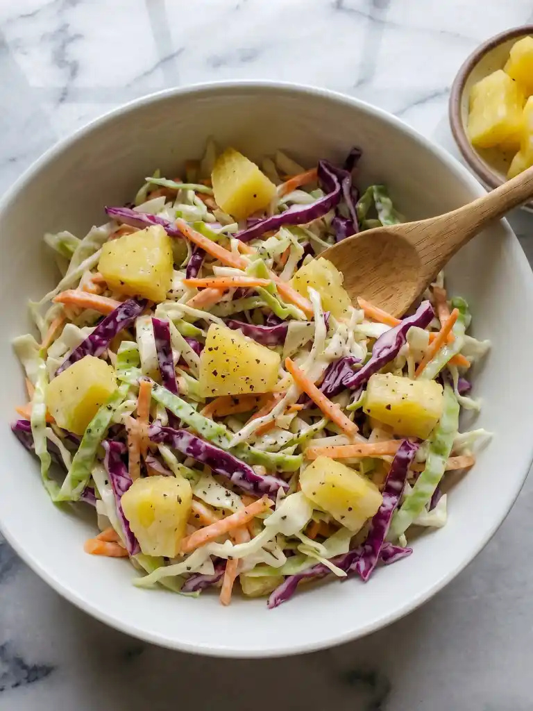 Hawaiian Pineapple Coleslaw with fresh cabbage, carrots, and pineapple chunks in a white bowl with wooden spoon