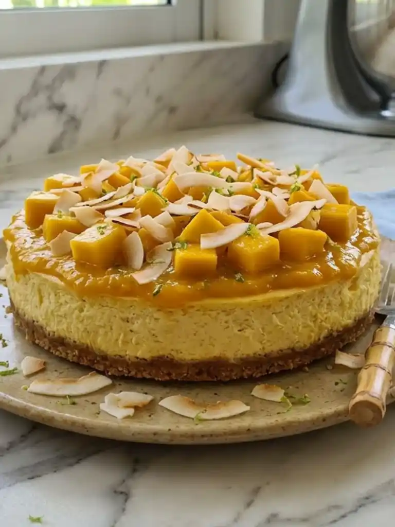 Tropical mango cheesecake with mango glaze, fresh mango cubes, and toasted coconut on graham crust