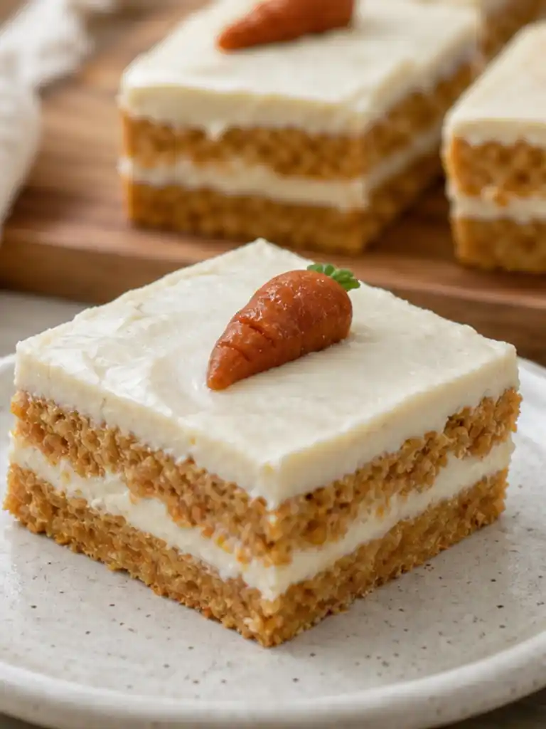 Close-up slice of No-Bake Carrot Cake with creamy layers and carrot garnish on top
