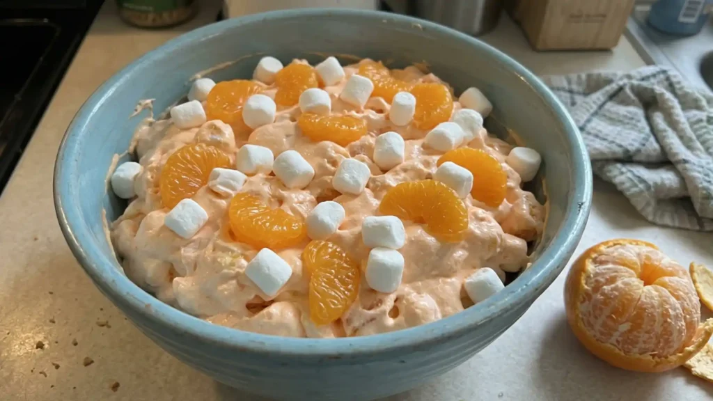 Orange Creamsicle Fluff Salad topped with mandarin oranges and mini marshmallows in a blue bowl