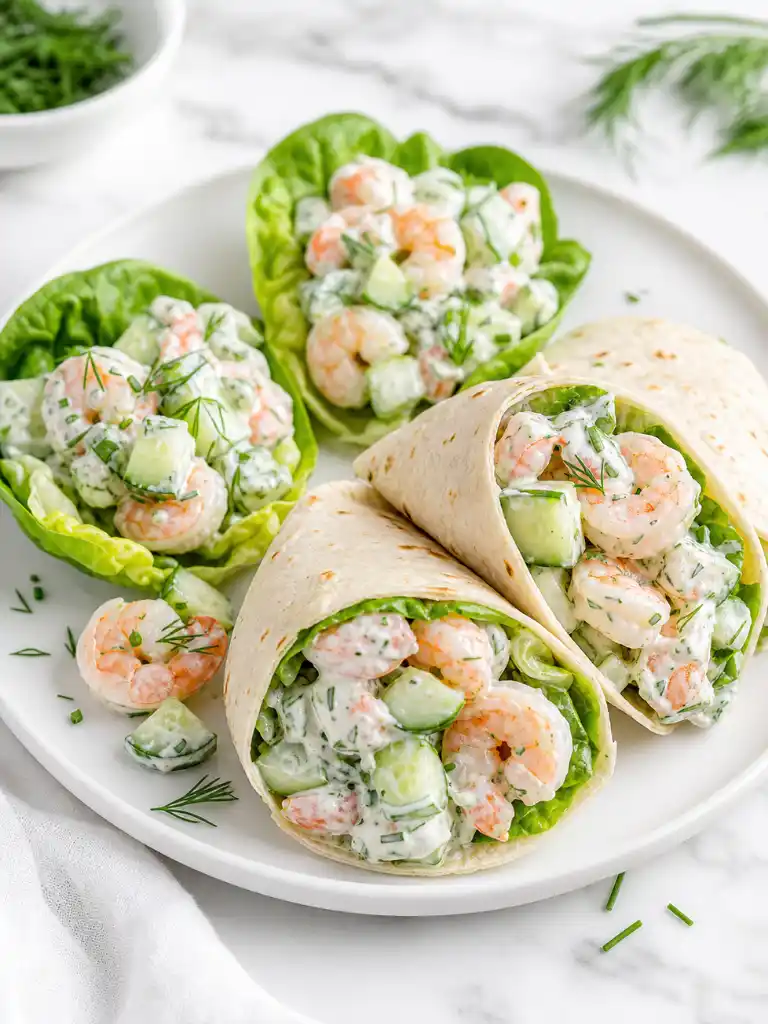 Creamy Cucumber Shrimp Salad served in low carb wraps and lettuce cups on white marble surface