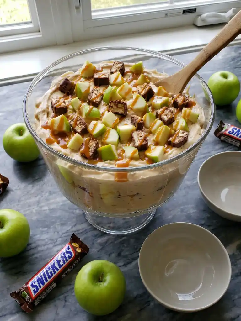 Snickers Apple Salad topped with green apples, candy chunks, and caramel in a glass bowl