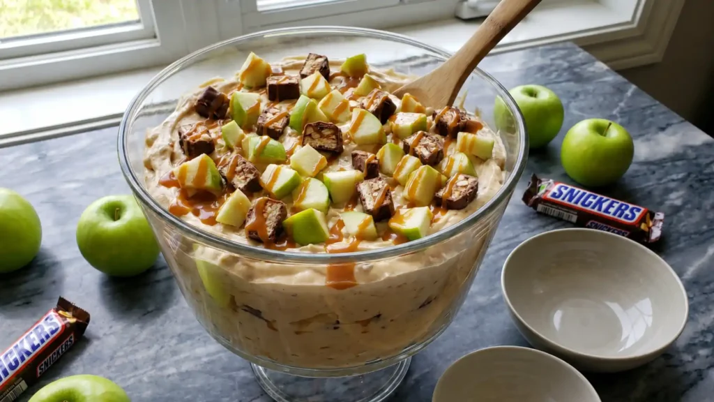 Snickers Apple Salad in glass bowl with green apples, chopped candy bars, and caramel drizzle
