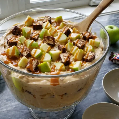 Snickers Apple Salad in glass bowl with green apples, chopped candy bars, and caramel drizzle