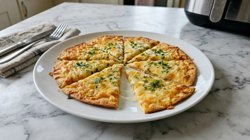 Air Fryer Cheesy Tortilla Garlic Bread sliced on a plate with melted cheese and parsley
