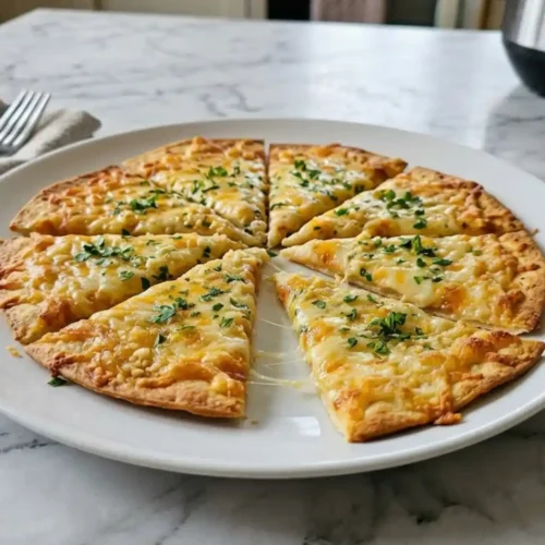 Air Fryer Cheesy Tortilla Garlic Bread sliced on a plate with melted cheese and parsley