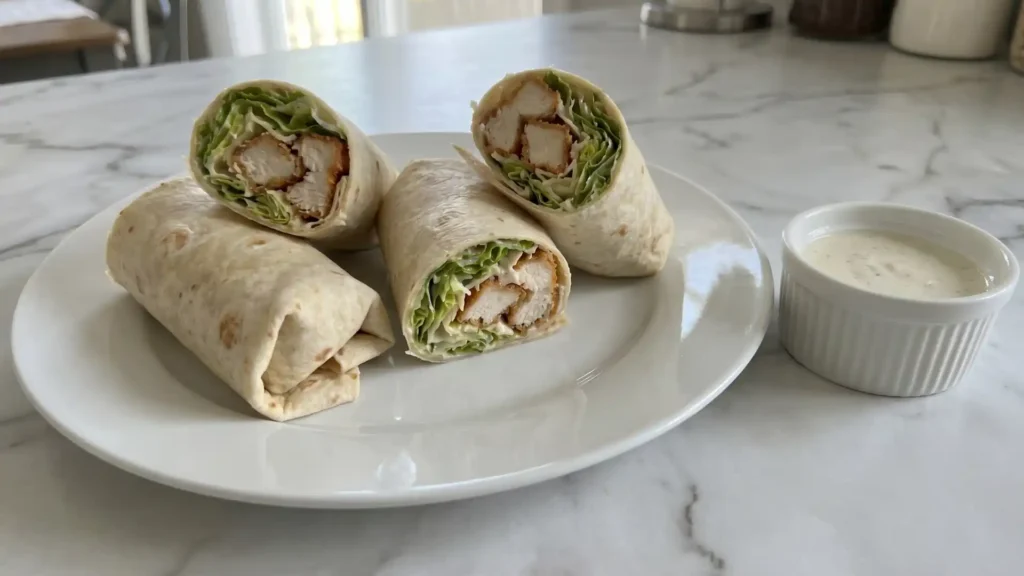 Chicken Caesar Wraps sliced in half with crispy chicken, romaine, and Caesar dressing on a white plate