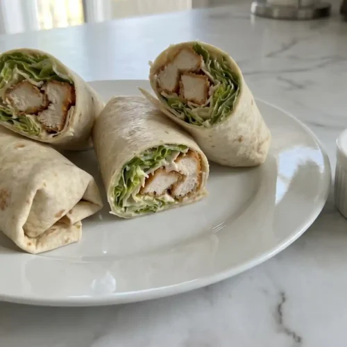 Chicken Caesar Wraps sliced in half with crispy chicken, romaine, and Caesar dressing on a white plate
