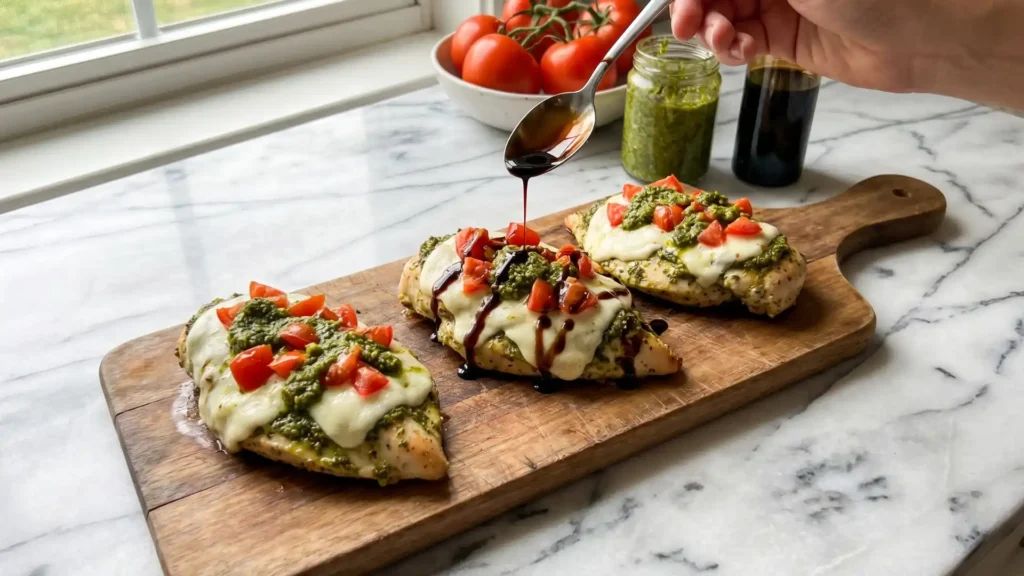 Pesto Bruschetta Chicken topped with melted mozzarella, fresh tomatoes, basil pesto, and balsamic glaze