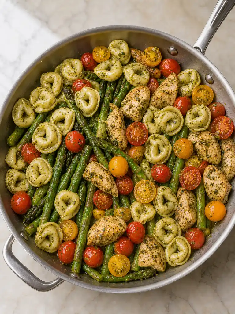 Pesto Chicken Tortellini and Veggies with asparagus, cherry tomatoes, and pesto in a skillet