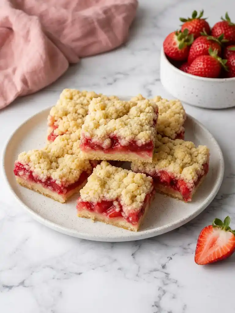 Strawberry Shortcake Bars with fresh strawberry filling and buttery crumb topping on a plate