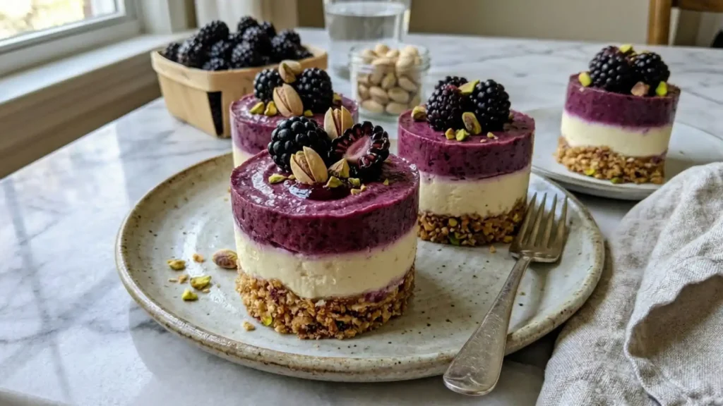 Pistachio Blackberry Cheesecake Towers with layered blackberry topping and pistachio crust on a dessert plate