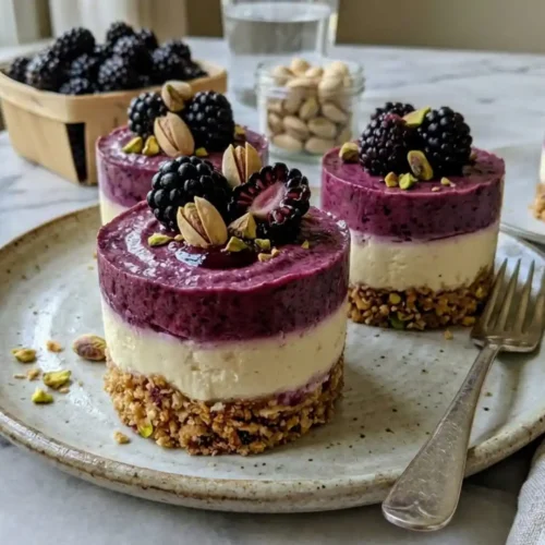 Pistachio Blackberry Cheesecake Towers with layered blackberry topping and pistachio crust on a dessert plate