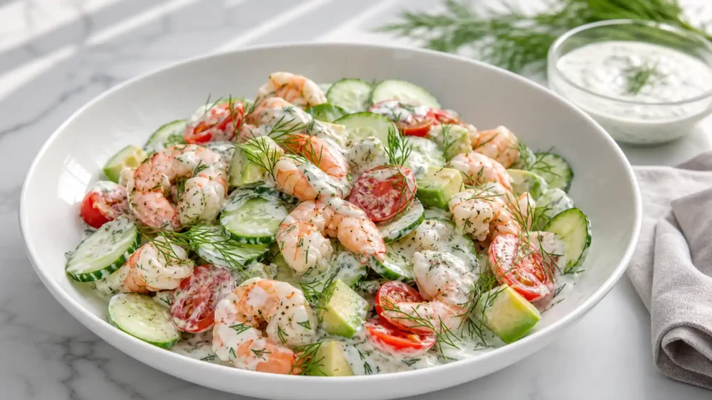 Creamy Cucumber Shrimp Salad with dill, cherry tomatoes, and Greek yogurt dressing in white bowl on marble surface