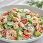 Creamy Cucumber Shrimp Salad with dill, cherry tomatoes, and Greek yogurt dressing in white bowl on marble surface