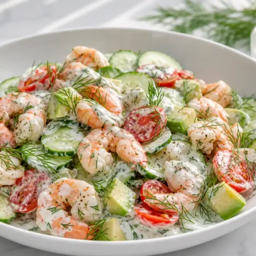 Creamy Cucumber Shrimp Salad with dill, cherry tomatoes, and Greek yogurt dressing in white bowl on marble surface