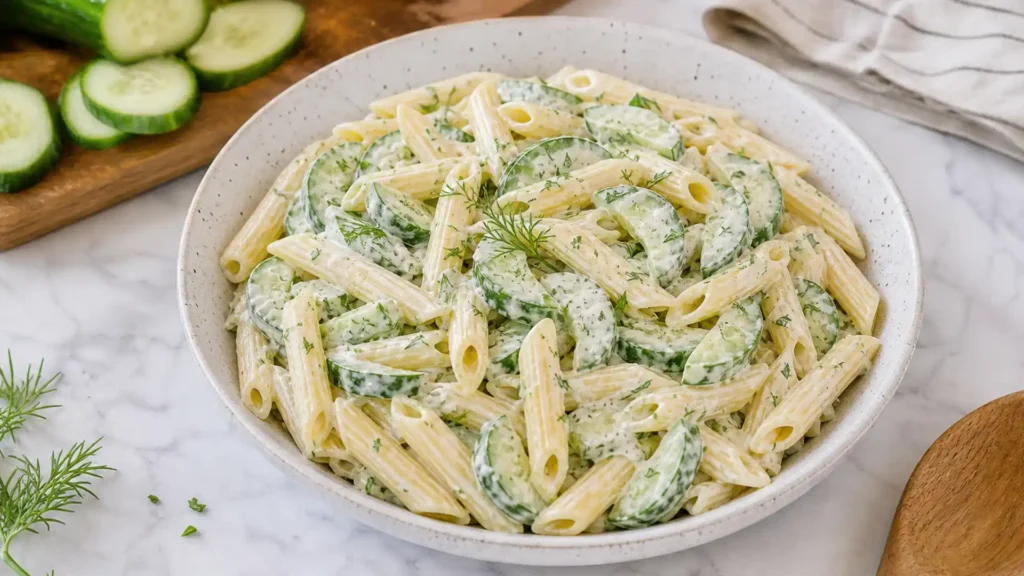 Fresh cucumber pasta salad with penne, sliced cucumbers, and creamy dill dressing in a white bowl