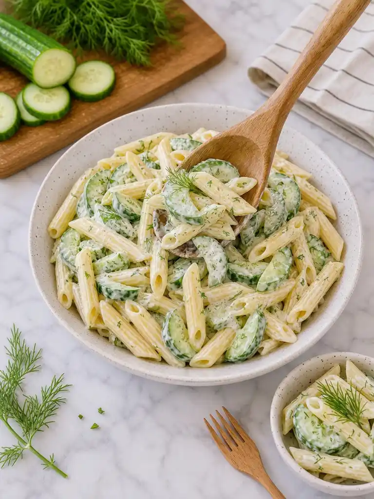 Fresh cucumber pasta salad with penne, sliced cucumbers, and creamy dill dressing served in a bowl