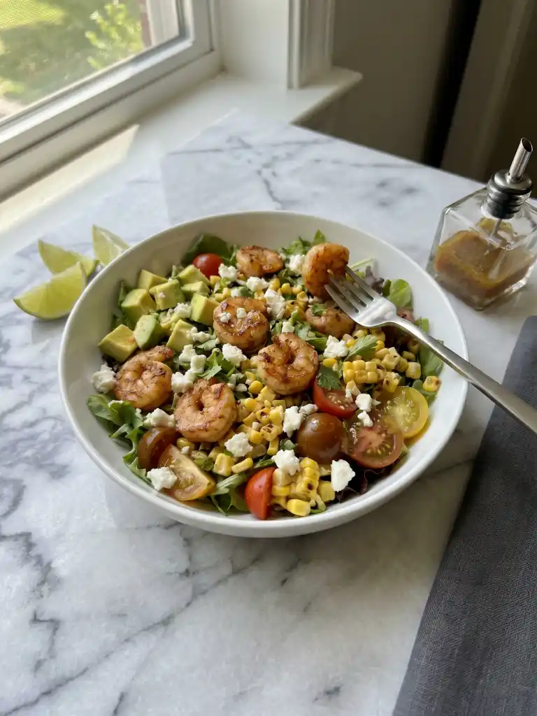 Honey Lime Shrimp Salad with avocado, corn, cherry tomatoes, and queso fresco in white bowl