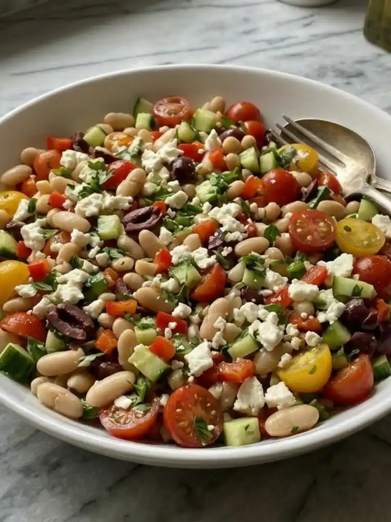 Mediterranean White Bean Salad with feta, tomatoes, cucumber, and olives in white bowl
