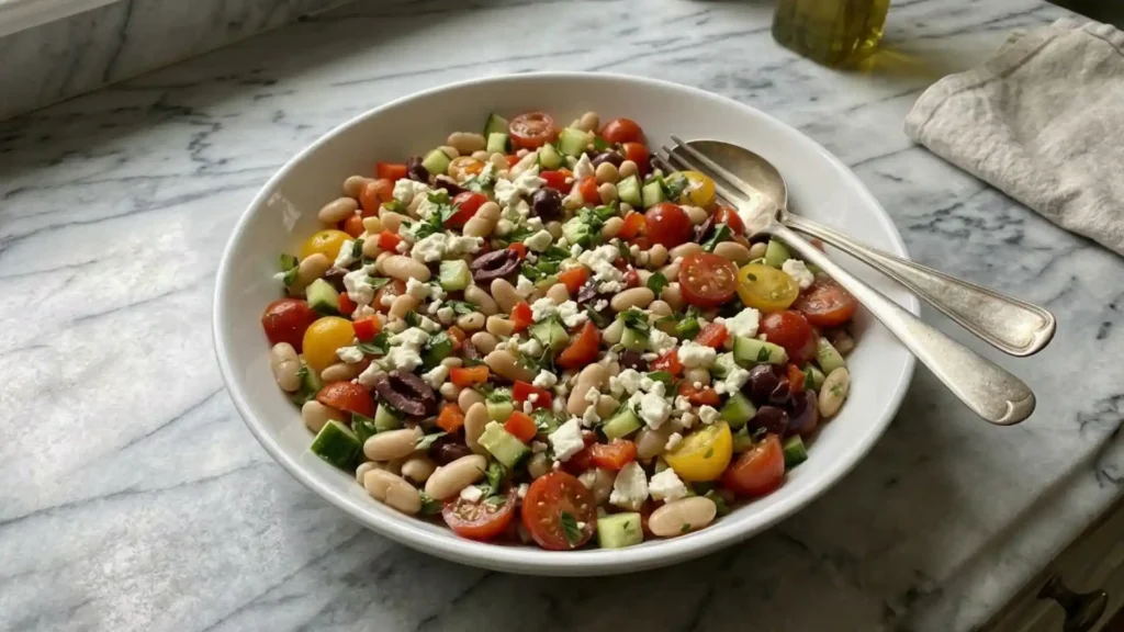 Mediterranean White Bean Salad with feta, tomatoes, cucumber, and olives in a white bowl