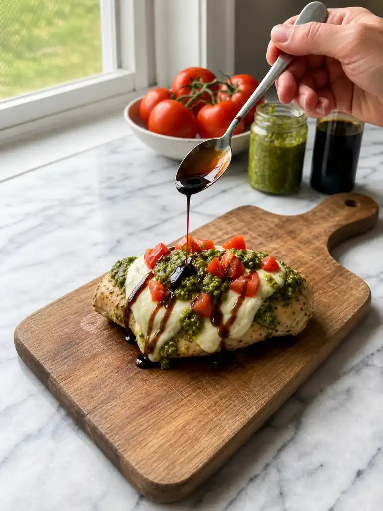 Pesto Bruschetta Chicken with melted mozzarella, basil pesto, diced tomatoes, and balsamic glaze