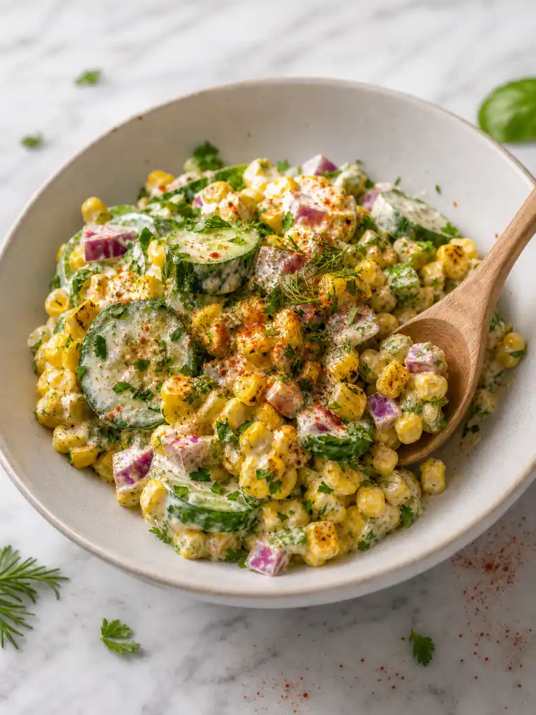 Street Corn Creamy Cucumber Salad with charred corn, cucumber slices, red onion, and creamy lime dressing