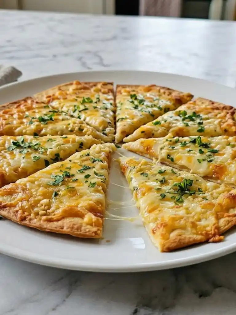Air Fryer Cheesy Tortilla Garlic Bread sliced with melted cheese and parsley on a white plate