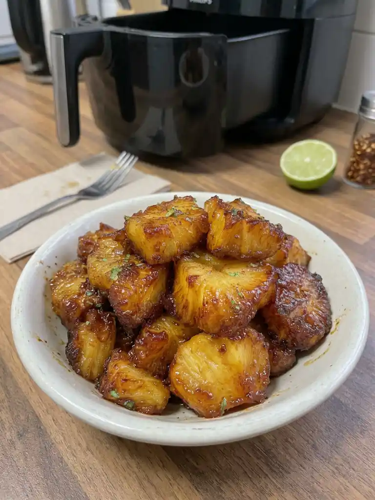 Air fryer pineapple chunks caramelized with cinnamon and honey, served in a bowl near air fryer