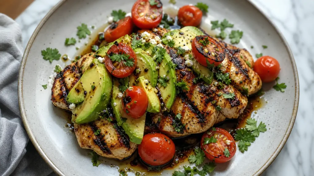 Grilled California Avocado Chicken topped with sliced avocado, cherry tomatoes, and fresh herbs on a plate