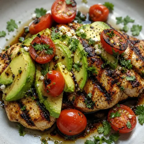 Grilled California Avocado Chicken 4 Grilled California Avocado Chicken topped with sliced avocado, cherry tomatoes, and fresh herbs on a plate