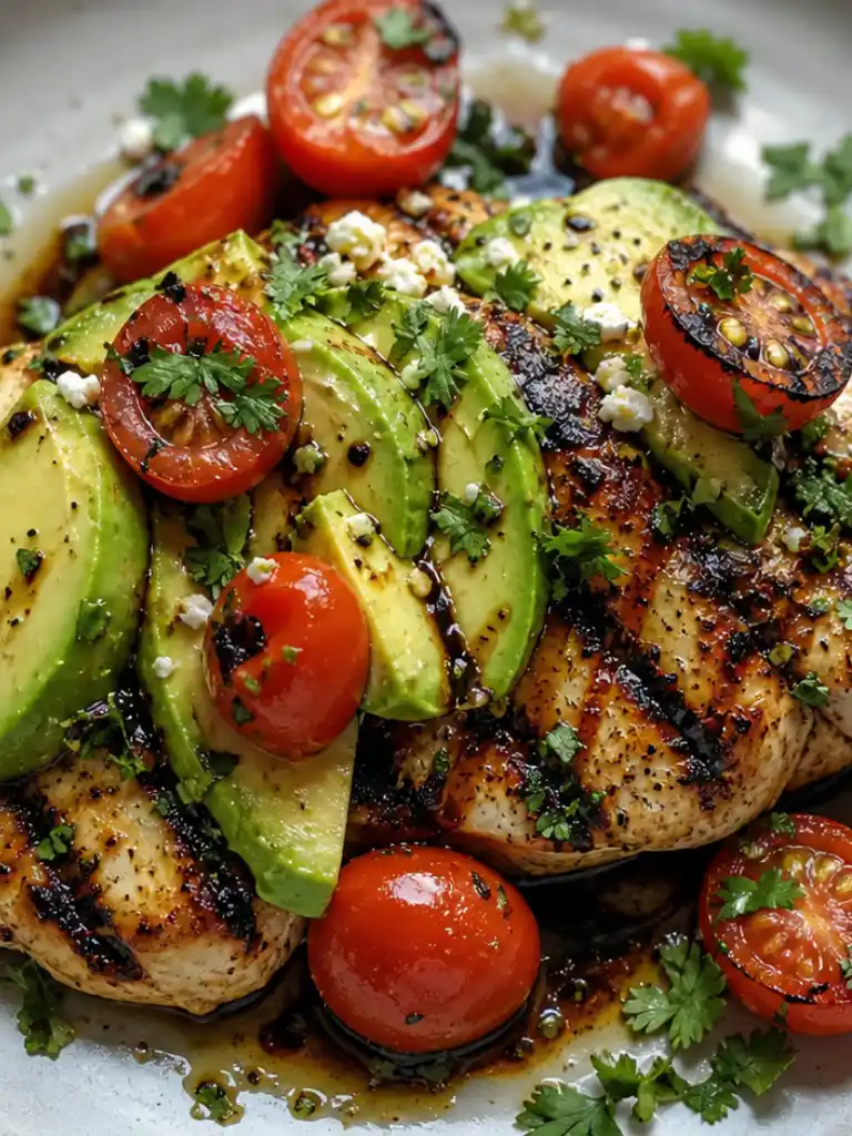 Grilled California Avocado Chicken 2 Close up of Grilled California Avocado Chicken with sliced avocado, charred cherry tomatoes, and fresh parsley