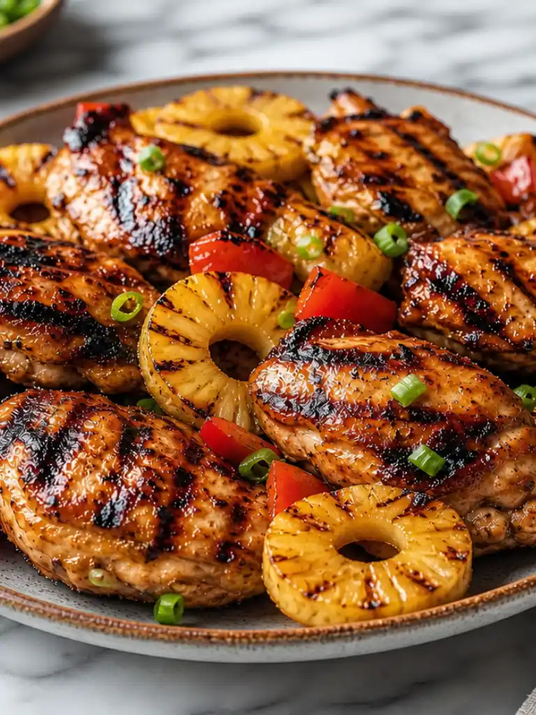 Close up of Huli Huli Chicken with grilled pineapple rings and green onions