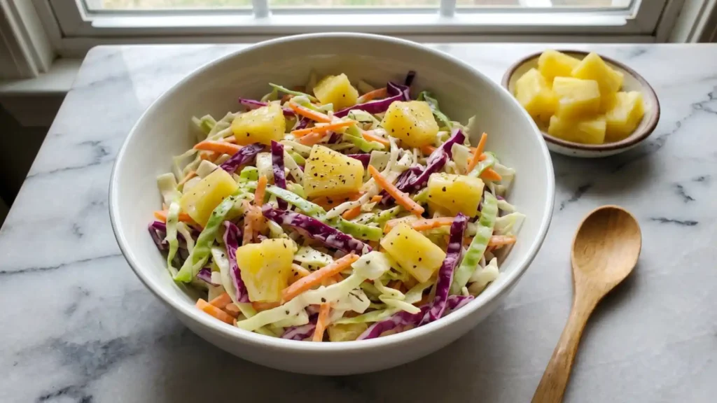 Hawaiian Pineapple Coleslaw with cabbage, carrots, and pineapple chunks in a white bowl on marble surface
