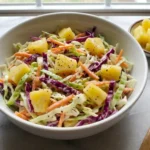 Hawaiian Pineapple Coleslaw with cabbage, carrots, and pineapple chunks in a white bowl on marble surface