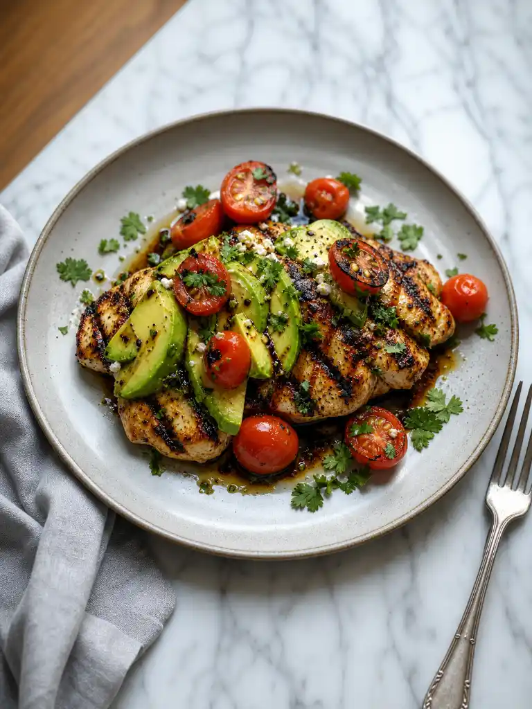 Grilled California Avocado Chicken 3 Grilled California Avocado Chicken served with sliced avocado, cherry tomatoes, and herbs on a ceramic plate