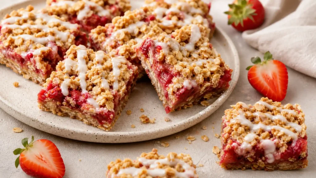 Strawberry Oatmeal Bars with oat crumble topping and fresh strawberry filling on a plate
