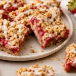 Strawberry Oatmeal Bars with oat crumble topping and fresh strawberry filling on a plate