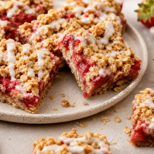 Strawberry Oatmeal Bars with oat crumble topping and fresh strawberry filling on a plate