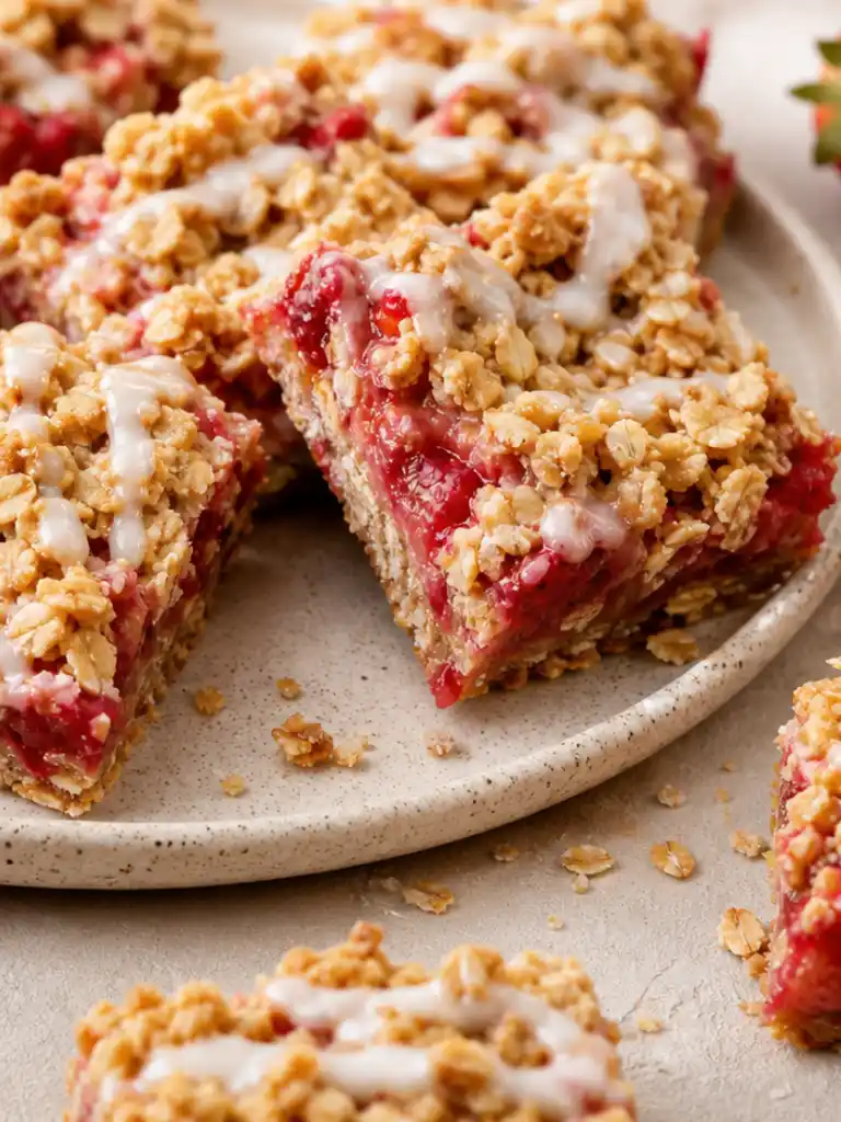 Close up of Strawberry Oatmeal Bars with oat crumble and strawberry filling on a plate