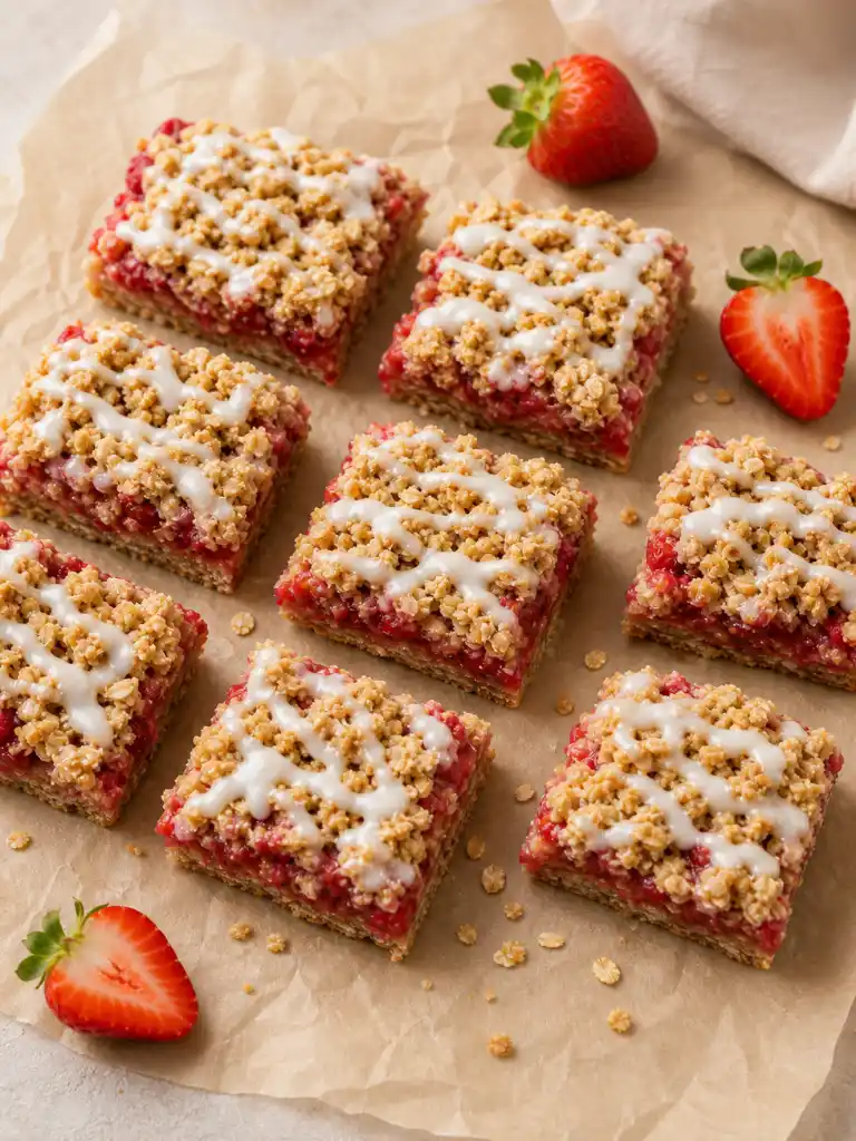 Strawberry Oatmeal Bars with oat crumble topping and vanilla drizzle on parchment paper