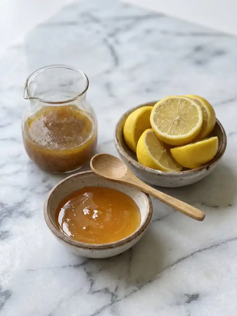 Honey Lime Shrimp Salad dressing with fresh lemon juice and honey in small bowls on marble surface