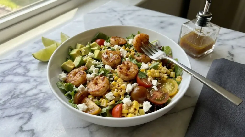 Honey Lime Shrimp Salad with avocado, corn, cherry tomatoes, queso fresco, and grilled shrimp in a white bowl