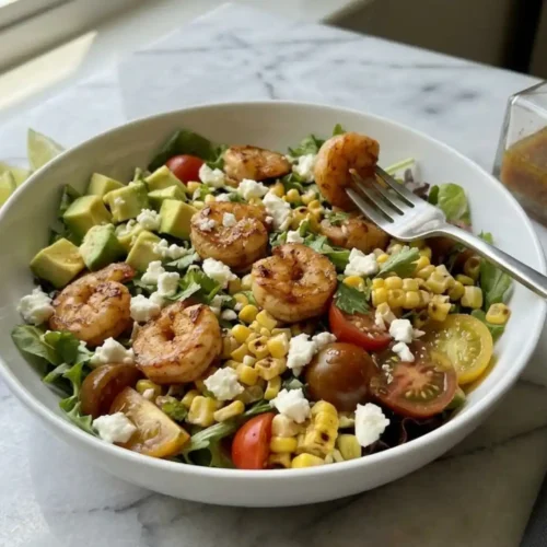 Honey Lime Shrimp Salad with avocado, corn, cherry tomatoes, queso fresco, and grilled shrimp in a white bowl