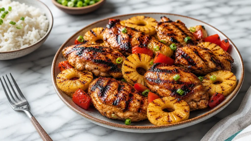 Huli Huli Chicken glazed with pineapple sauce served with grilled pineapple and rice