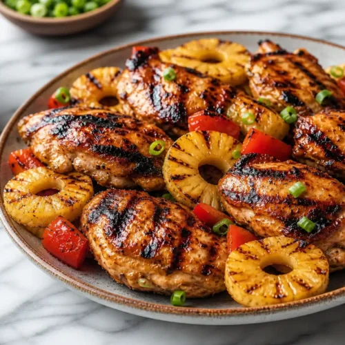 Huli Huli Chicken glazed with pineapple sauce served with grilled pineapple and rice