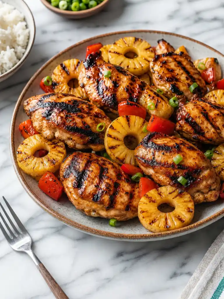 Huli Huli Chicken with grilled pineapple rings and peppers on a serving plate